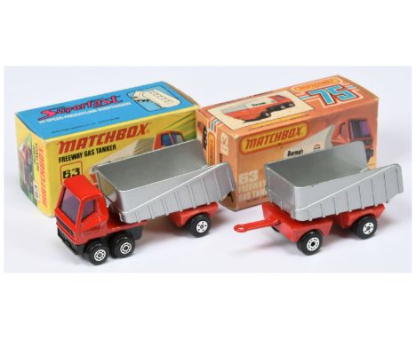 Matchbox Superfast 50b Articulated Truck &amp; Trailer Twin Pack Issue - red tractor unit with purple windows, Maltese cross 
