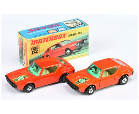 Matchbox Superfast 2 x 62c Renault 17TL - both are burnt orange body, turquoise green windows, ivory interior, matt black bas