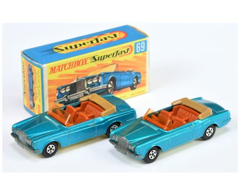 Matchbox Superfast 2 x 69a Rolls Royce Silver Shadow Convertible - both are metallic blue body with tan plastic folded hood, 