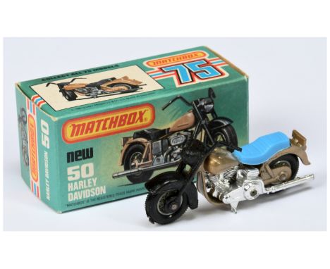 Matchbox Superfast 50c Harley Davidson Motorcycle with FACTORY COLOUR TRIAL SEAT- metallic champagne gold frame, black front 