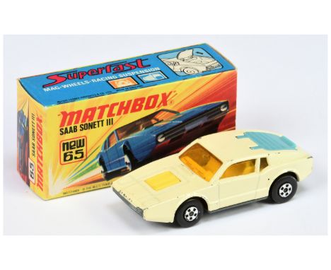 Matchbox Superfast 65a Saab Sonett - RARE CREAM BODY, light blue plastic tailgate, light amber windows, lemon yellow interior