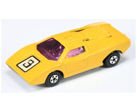 Matchbox Superfast 27b Lamborghini Countach - darker shade yellow body with racing number 3 nose label, scarce purple windows