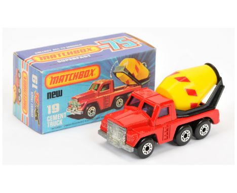 Matchbox Superfast 19c Cement Truck - red body with curved rear wheelarch, LEMON YELLOW PLASTIC BARREL with red stripes, RARE