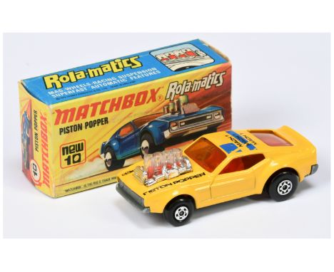 Matchbox Superfast 10b Ford Mustang Piston Popper - yellow body with black &amp; blue hood &amp; roof tampo print only, dark 