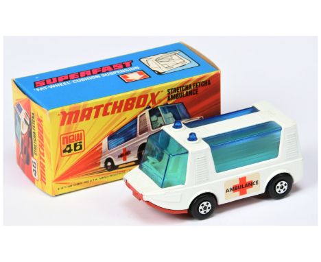 Matchbox Superfast 46b Stretcha Fetcha Ambulance - large red cross Ambulance labels, blue windows, pale yellow inerior, brick