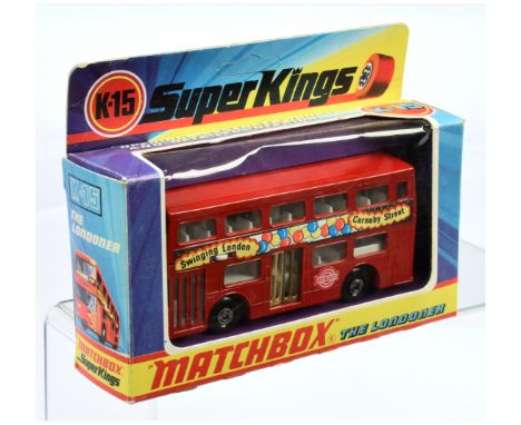 Matchbox Super Kings K-15 Daimler Fleetline Londoner Bus&nbsp; - red body with "Swinging London - Carnaby Street" labels, "Lo