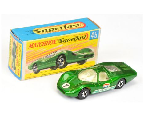 Matchbox Superfast 45a Ford Group 6 - metallic green body with circular racing number 7 nose label, Burmah door labels, Gift 