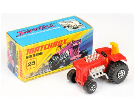 Matchbox Superfast 25b Mod Tractor TWIN PACK ISSUE - darker shade red body, dark yellow seat, matt black base, Maltese Cross 