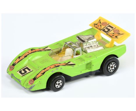 Matchbox Speed Kings K-51 Barracuda MADE IN BRAZIL ISSUE - lime green body with racing number 5 labels, lemon yellow rear win