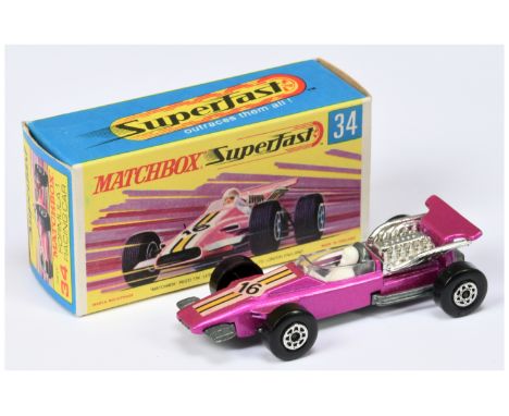 Matchbox Superfast 34a Formula 1 Racing Car - metallic candy pink body with yellow stripe racing number 16 nose label, bare m