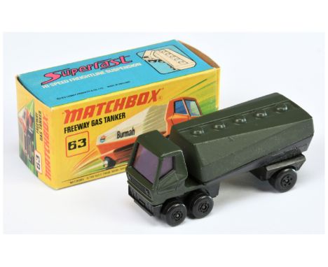Matchbox Superfast 63b Freeway Gas Tanker Twin Pack Issue - dark olive green, purple windows, Trailer has black plastic chass