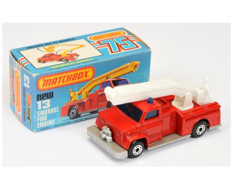 Matchbox Superfast 13c Snorkel Fire Engine - dark red body, white plastic hoist &amp; cage, blue windows, silver painted base