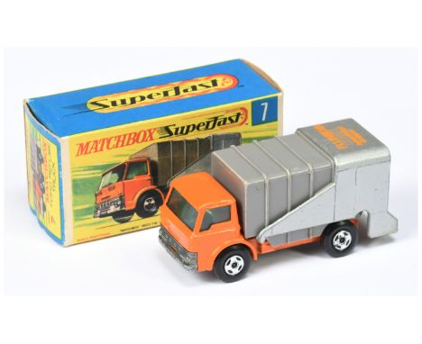 Matchbox Superfast 7a Ford D800 Refuse Truck German Promotional Issue "Flumidin Comp Beseitigt Grippe" - lighter orange cab &