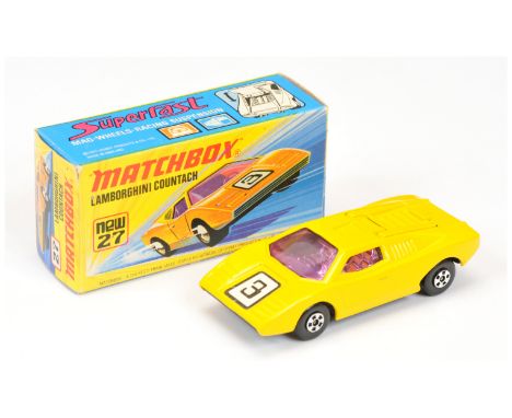 Matchbox Superfast 27b Lamborghini Countach - lighter shade yellow body with racing numbe 3 nose label, scarce purple windows