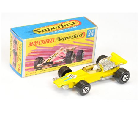 Matchbox Superfast 34a Formula 1 Racing Car - lemon yellow body with yellow arrow racing number 15 nose label, windscreen has