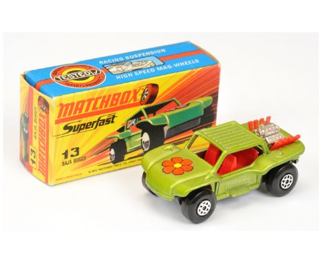 Matchbox Superfast 13b Baja Buggy - metallic lime green body with flower hood label, red engine exhausts, RARE RED INTERIOR, 