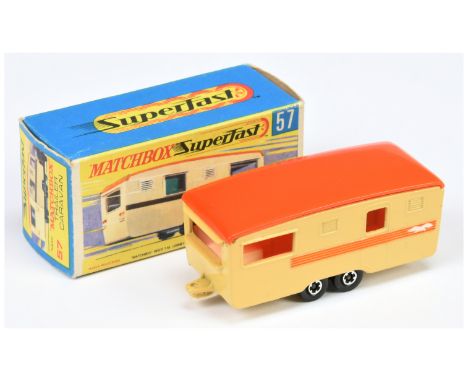 Matchbox Superfast 57b Eccles Caravan TWIN PACK ISSUE - tan body with RARE ORANGE SEAGULL LABELS (from 31c Caravan), burnt or