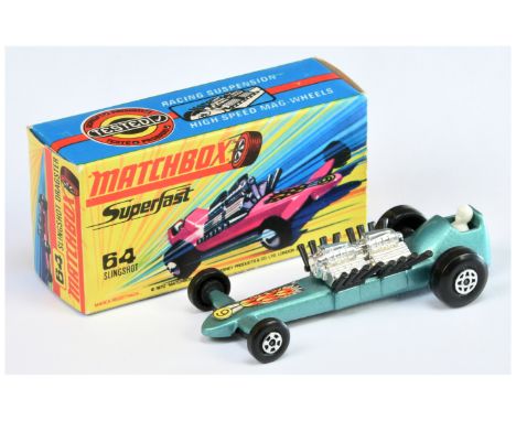 Matchbox Superfast 64b Slingshot Dragster - metallic silver-blue body with racing number 9 flame nose label, RARE BLACK ENGIN