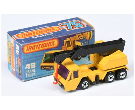 Matchbox Superfast 49c Crane Truck - yellow cab &amp; chassis, black plastic jib, RARE PURPLE WINDOWS, black plastic base - G
