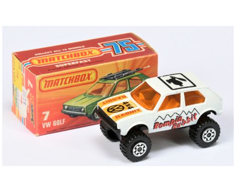 Matchbox Superfast 7d VW Golf Rompin Rabbit&nbsp; - white body with tan hood stripes only, RARE LIGHT AMBER WINDOWS, dark yel