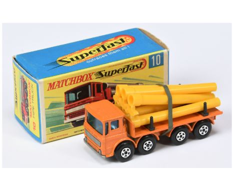 Matchbox Superfast 10a Leyland Pipe Truck - lighter orange body, RARE SILVER-GREY PLASTIC GRILLE &amp; BASE, yellow plastic p