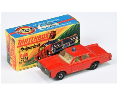 Matchbox Superfast 59b Mercury Park Lane Fire Chief Car - red body without labels, blue roof light, clear windows, ivory inte