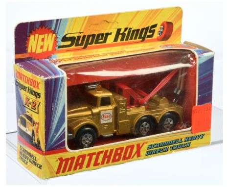 Matchbox Super Kings K-2 Scammell Esso Heavy Wreck Truck - metallic gold body, red jibs with ivory arms, dark amber windows &