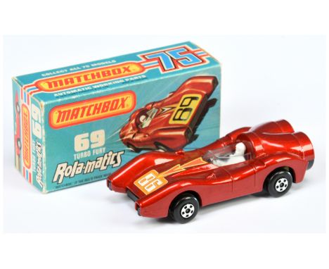 Matchbox Superfast 69b Turbo Fury - metallic red body with RARE RACING NUMBER 86 LABEL (from 61a Blue Shark), clear windscree