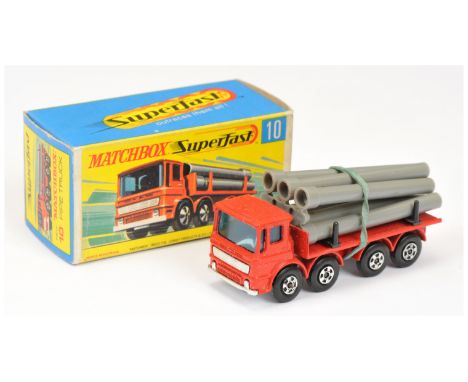 Matchbox Superfast 10a Leyland Pipe Truck - red body, chrome grille &amp; base, grey pipe load attached to sprues, hollow 5-s