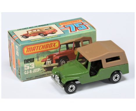 Matchbox Superfast 53c Jeep CJ-6 - MADE IN HUNGARY ISSUE - green body, tan roof, black interior, metallic pearl silver Hungar