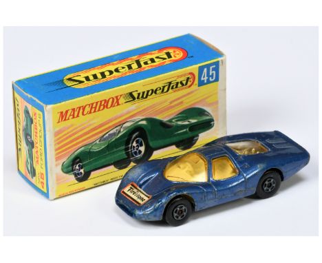 Matchbox Superfast 45a Ford Group 6 MADE IN BRAZIL ISSUE - metallic blue body with "Firestone" nose label, light amber window