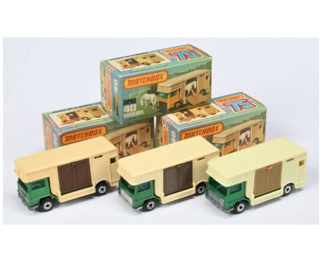 Matchbox Superfast 3 x 40b Bedford Horsebox - all are metallic emerald green cab, cream rear body with brown ramp, dark green