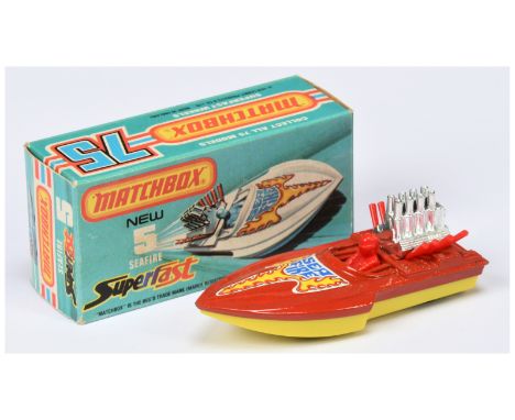 Matchbox Superfast 5b Seafire Power Boat - red deck, lemon yellow hull, red driver, red engine exhausts - Excellent Plus with