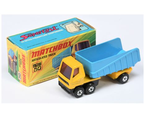 Matchbox Superfast 50b Articulated Truck - yellow tractor unit with purple windows, RARE 5-SPOKE WHEELS, mid blue trailer wit