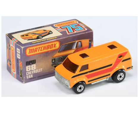 Matchbox Superfast 68c Chevrolet Van - orange body with red &amp; black stripe tampo print, RARE DARK AMBER WINDOWS, bare met