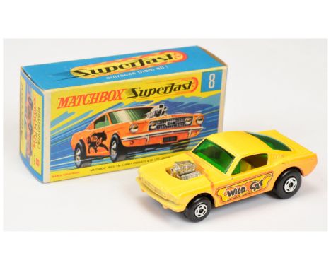 Matchbox Superfast 8b Ford Mustang Wild Cat Dragster - orange body with Type 2 labels, dark green windows, dark yellow interi