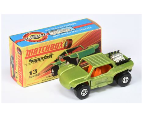 Matchbox Superfast 13b Baja Buggy - metallic lime green body without hood label, orange interior, black engine exhausts, bare