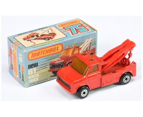 Matchbox Superfast 61b Ford A Series Wreck Truck - red body, amber windows, red jibs with red hooks, RARE GRAPHITE GREY BASE,
