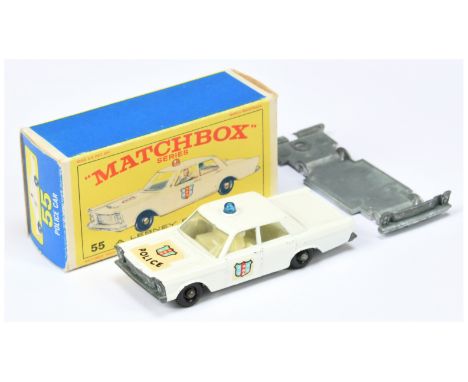 Matchbox Regular Wheels 55c Ford Galaxie Police Car - Stannard Code 1 - white body with hood &amp; door decals, RARE BLUE ROO