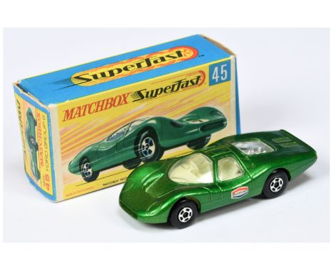 Matchbox Superfast 45a Ford Group 6 - metallic green body without nose label, Burmah door labels, clear windows, ivory interi