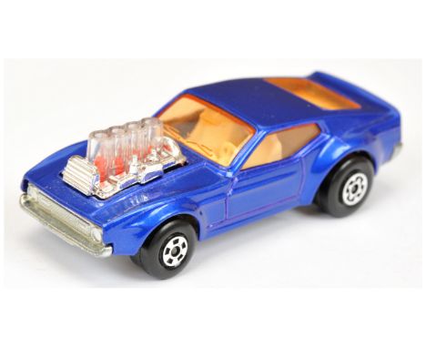 Matchbox Superfast 10b Ford Mustang Piston Popper - metallic blue body, RARE PALE AMBER WINDOWS, white interior, bare metal b