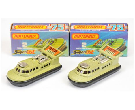 Matchbox Superfast 2 x 2c Rescue Hovercraft - both are metallic avocado green body with Rescue label, chrome engine, purple w