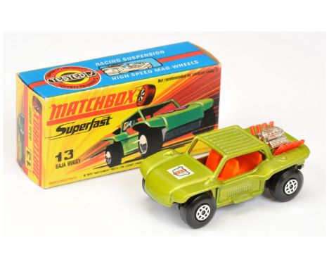 Matchbox Superfast 13b Baja Buggy - metallic lime green body with police shield hood label, red engine exhausts, orange inter