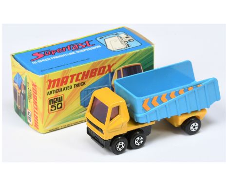 Matchbox Superfast 50b Articulated Truck - yellow tractor unit with purple windows, RARE 5-SPOKE WHEELS, mid blue trailer wit