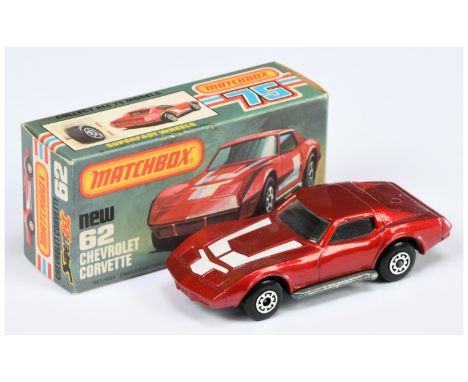 Matchbox Superfast 62d Chevrolet Corvette - metallic red body with white hood tampo print only, clear windows, RARE BLACK INT