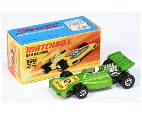 Matchbox Superfast 24b Team Matchbox Racing Car - metallic jade green body with yellow background racing number 5 nose label,