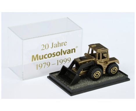 Matchbox Superfast 29c Tractor Shovel PROMOTIONAL ISSUE "20 JAHRE MUCOSOLVAN 1979-1999 - gold body, black plastic interior sh
