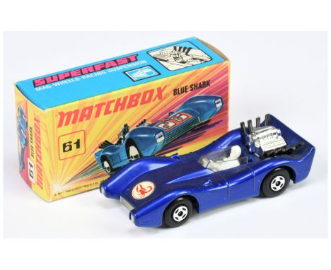 Matchbox Superfast 61a Blue Shark - metallic dark blue body with RARE SCORPION NOSE LABEL, clear windscreen, bare metal base 