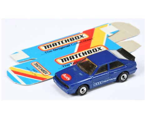 Matchbox Superfast 25d Audi Quattro - dark blue body with red &amp; white audi Quattro tampo print, windows have pale amber t