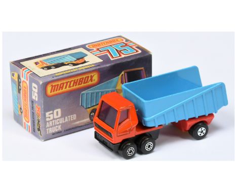 Matchbox Superfast 50b Articulated Truck - burnt orange tractor unit with purple windows, maltese cross wheels, mid blue trai